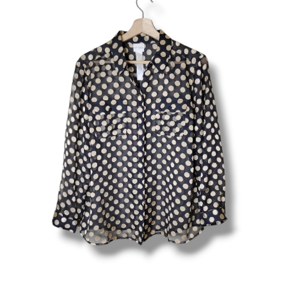 Chicos Women's Sheer Button Down Blouse Size Chicos 2P US LP Sheer Polka Dot - Picture 1 of 10